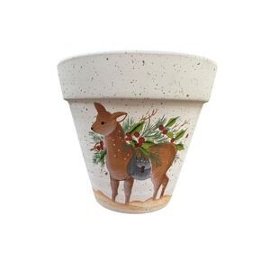 Handpainted Christmas Deer Ceramic Plant‎ Pot 4.75" Tall Cottagecore Nature
